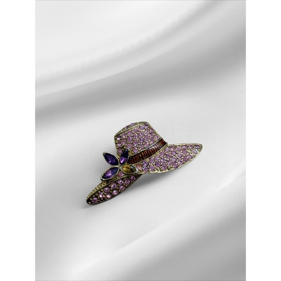 Monet Jewelry - Monet Vintage (FLAW) Gold Tone Pink Purple Rhinestone Hat Brooch Pin